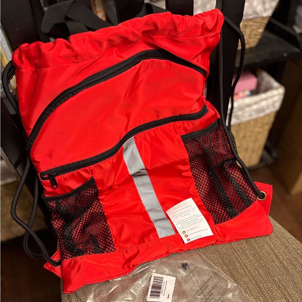 BeeGreen Red Drawstring Backpack Bag Cinch Sack with Two Side Mesh Pockets